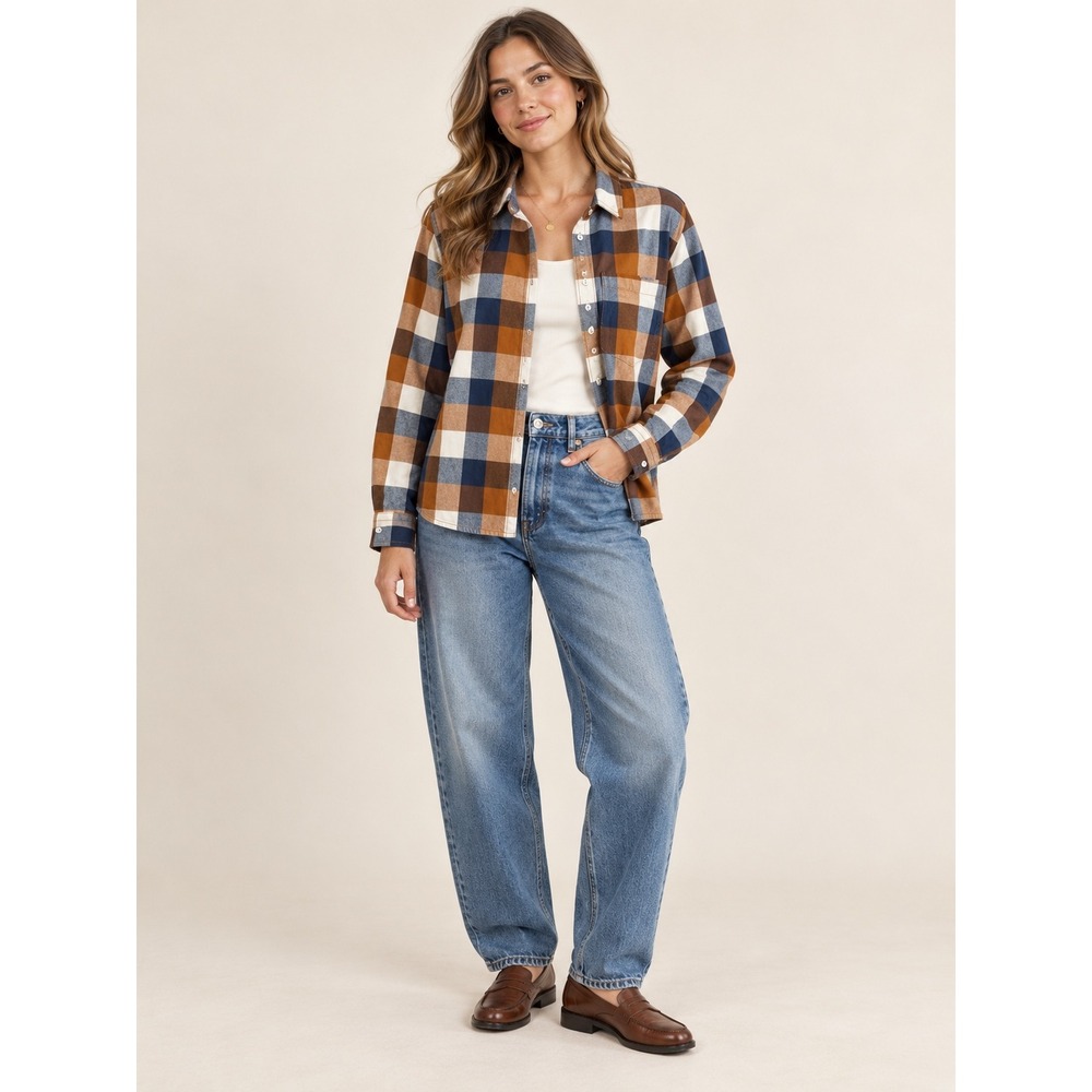 Duluth Trading Co Womens XS Orange Navy Blue Plaid Cotton Flannel Shirt E44